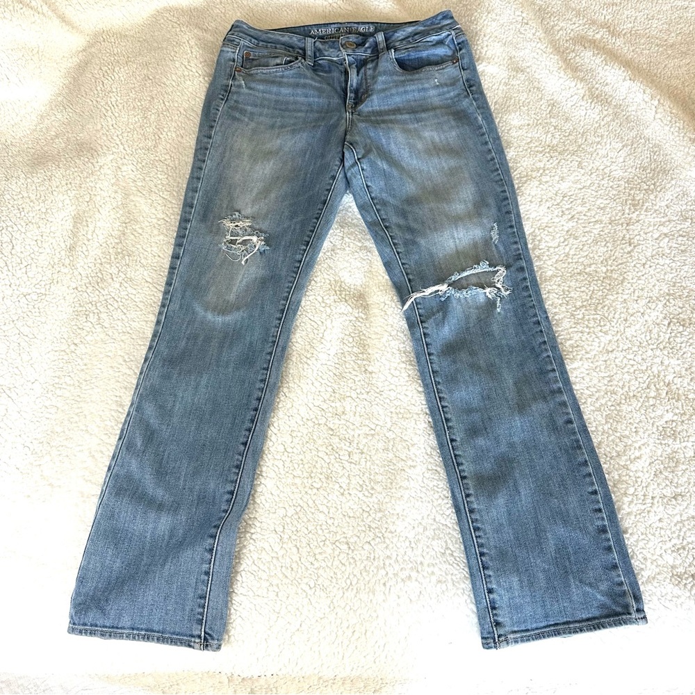 American Eagle Light Blue Straight Leg Distressed Jeans Size 10 - Picture 8 of 15